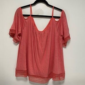 Peach cold shoulder loose and lacey top